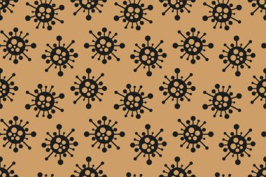 Çizgi filmlerdeki gibi kusursuz virüs deseni. Salgın kahverengi ve siyah tehlike arkaplanı ve soyut tıbbi bakteri sembolleri. Kumaş, tasarım, baskı, duvar kağıdı, kapak, covid konsepti için vektör illüstrasyonu.