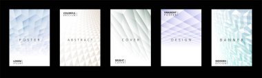 Soyut fütüristik kapak koleksiyonu, şablonlar, pankartlar, broşürler, afişler, el ilanları, arka planlar. Modern yaratıcı 3D desenli posterler. Vektör rengi çokgen geometrik şablonlar.