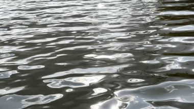 Yazın güneşle aydınlatılan göletin manzara yüzeyi. Güneşli bir günde deniz manzarası ve küçük dalgalar. Güzel yaz doğa manzarası. Huzur sahnesi kavramı. Yavaş çekim