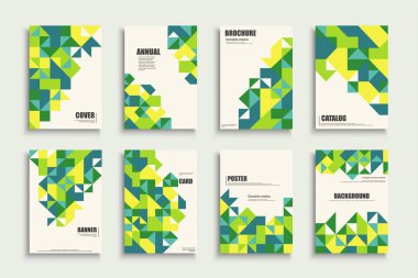 Mozaik geometrik şekillerle parlak vektör kaplamalarının toplanması. Modern ticari pankartlar, broşürler, afişler, arka planlar, kartlar. Sunum şablonu.