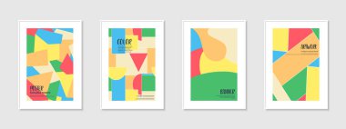 Soyut geometrik şekilli vektör renkli posterlerin toplanması. Modern sanat tarzında sanat funky yaratıcı kapaklar. Parlak moda pankartlar, broşürler, afişler, arka planlar.