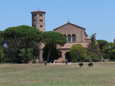 Sant 'Apollinare in Classe Bazilica in Ravenna, the brick front with the circular bell tower in Bizans style and the green lawn in front.