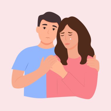 Genç adam ağlayan en iyi arkadaşını teselli ediyor. Üzgün, depresif kız arkadaşını teselli eden ve önemseyen bir kadın. Yardım ve destek kavramı. Vektör illüstrasyonu