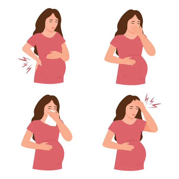 Zwangerschapssymptomen Verschillende Soorten Ongemak Tijdens Zwangerschap Zwangere Vrouwelijke Aandoeningen Vectorillustratie — Stockvector