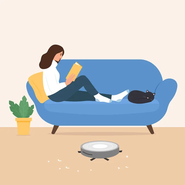 Bir Kadın Dinlenirken Kitap Okurken Robot Odayı Temizliyor Daireyi Temizlemek — Stok Vektör