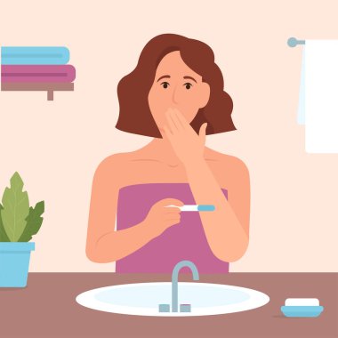 Sürpriz Kadın Hamilelik Testi. Pozitif sonuç. Hamile konsept vektör illüstrasyonusun..