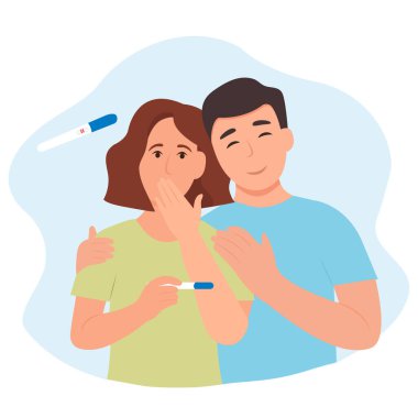 Sürpriz Kadın Hamilelik Testi. Pozitif sonuç. Bebek bekleyen mutlu genç çift. Vektör illüstrasyonu.