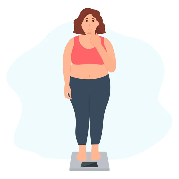 Triste Mujer Con Sobrepeso Está Pie Balanza Concepto Malos Hábitos — Vector de stock