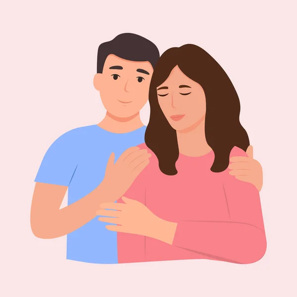 Portrait Jeune Homme Femme Amoureux Couple Étreignant Embrassant Avec Main — Image vectorielle