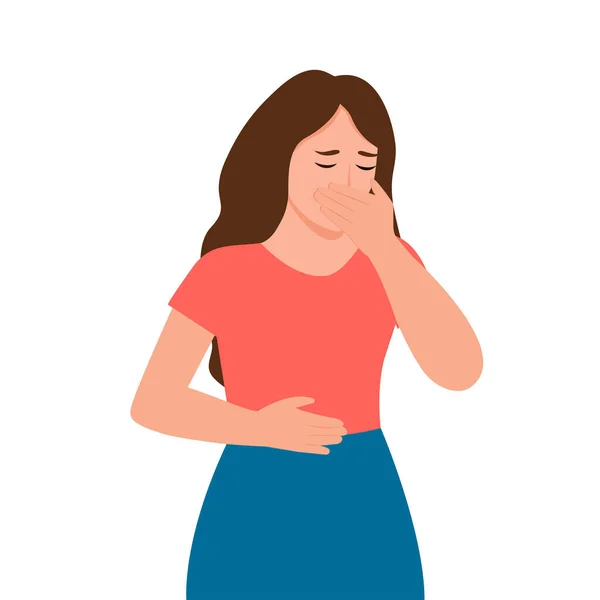 这个女人感到恶心 怀孕期间恶心 疾病的症状 健康问题 腹部疼痛 孤立的平面矢量插图 — 图库矢量图片
