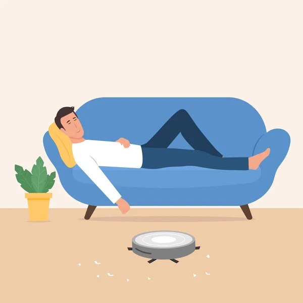 ソファで寝てる男掃除機が作動する アパートを清掃するための現代的な無線設備清掃コンセプト — ストックベクタ
