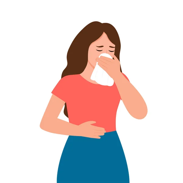 Seorang Wanita Bersin Dalam Saputangan Pencegahan Virus Menyebar Ilustrasi Alergi - Stok Vektor