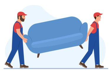 Nakliyeciler kanepe taşır. Taşıma servisi. Üniformalı işçiler mobilya taşıyor. Teslimat ve taşıma hizmeti konsepti. Vektör İllüstrasyonu