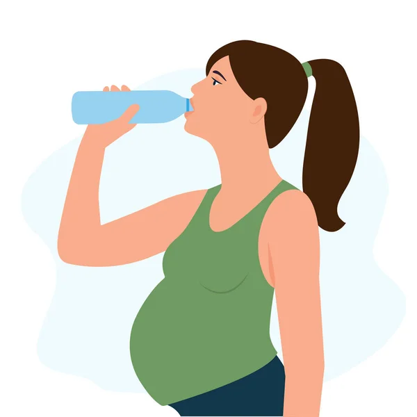 Ciężarna Kobieta Pije Wodę Plastikowej Butelki Zdrowie Sprawność Bądź Nawodniony — Wektor stockowy