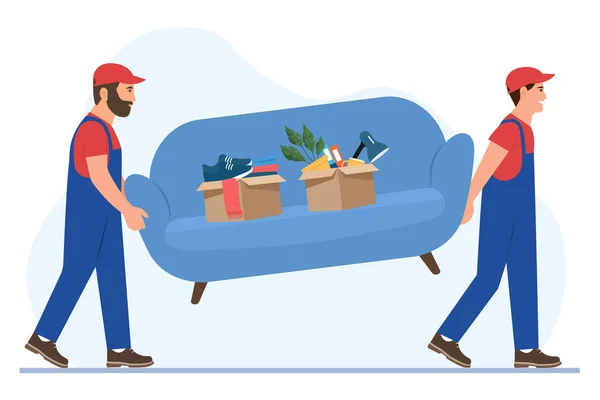 Moving Service Movers Carry Sofa Workers Wearing Uniform Carry Furniture — Stock Vector