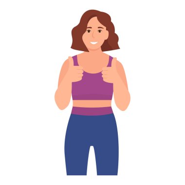 Sporcu kadın el hareketi yapıyor. Spor giyim bölümünde gülümseyen kız. Vektör illüstrasyonu beyaz arkaplanda izole edildi