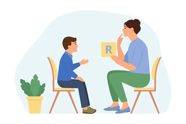 Tal Terapi För Förskolebarn Med Terapeut Talstörningar Hos Barn Korrekt — Stock vektor