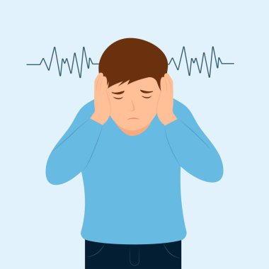 Problemli bir çocuk, korku ifadesi, yüksek seslerden korunma. Çocuk kulaklarını elleriyle kapatıp tıkıyor. Çocuk seslere duyarlı. Çocuklarda otizm sendromunun ilk belirtileri. Vektör düz resimleme