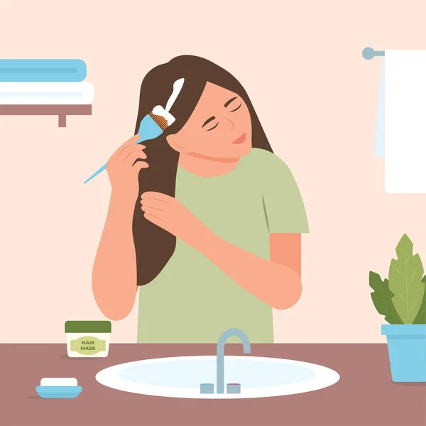 女人用护发品 润肤霜 女孩照顾她的头发 做家庭温泉疗程 头发处理 病媒说明 — 图库矢量图片