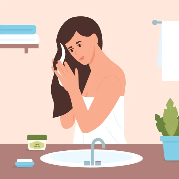 年轻姑娘在浴室里戴口罩 女人照顾她的头发 做家庭温泉疗程 头发处理 病媒说明 — 图库矢量图片