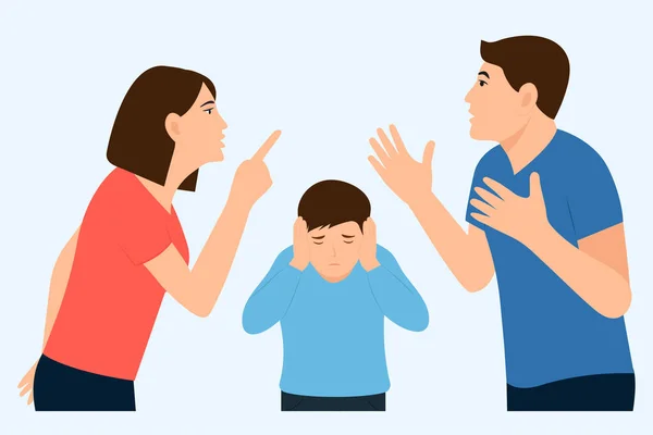 家庭冲突概念 不快乐的男孩用手捂住耳朵 对吵闹的声音感到害怕和不满 忽视了父母的关系问题和愤怒 矢量说明 — 图库矢量图片
