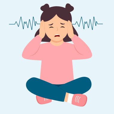 Otizm. Çocuk kulaklarını elleriyle kapatıp tıkıyor. Çocuk seslere duyarlı. Çocuklarda otizm sendromunun ilk belirtileri. Vektör düz resimleme