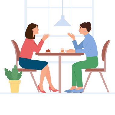 Smilling women sit at the table and chat in a cafe. Female friends drinking tea ot coffee together. People enjoying coffee break in public place, having tea in restaurant,conversation, eating. Vector illustration
