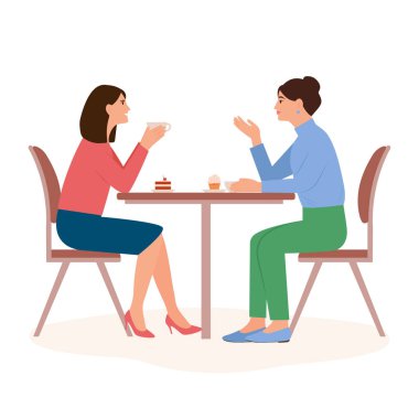 Smilling women sit at the table and chat in a cafe. Female friends drinking tea ot coffee together. People enjoying coffee break in public place, having tea in restaurant,conversation, eating. Vector illustration