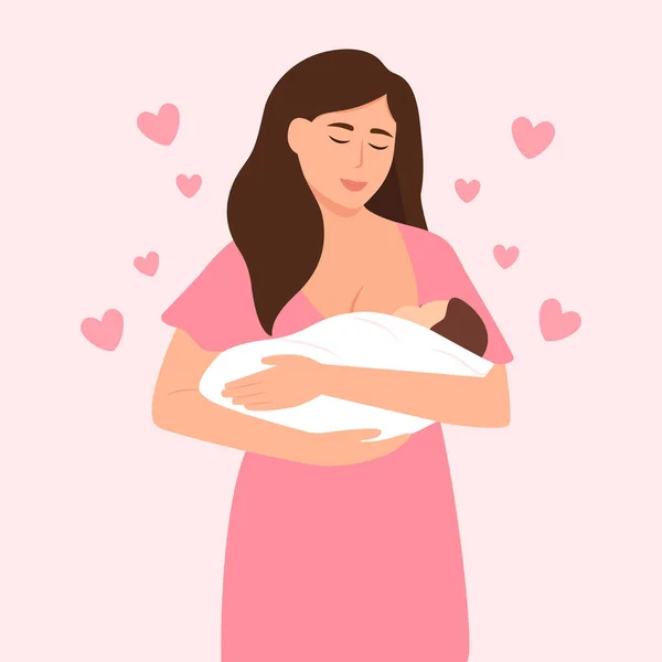 母乳喂养的母亲 哺乳期的概念 母亲牵着孩子 给孩子喂奶 母乳喂养周 婴儿护理 矢量说明 — 图库矢量图片