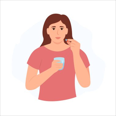 Woman take vitamin or supplement capsule pill with water. Girl holding glass of water in hands. Medication treatment, pharmacy and medicine, concept. Vector illustration