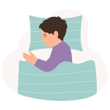 The boy sleeping in bed. A kid lying on a pillow and covered with a blanket.Vector illustration