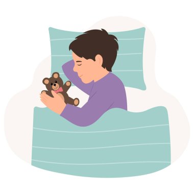 The boy sleeping in bed. A kid lying on a pillow and covered with a blanket. Sweet dream and healthy sleep. Vector illustrat