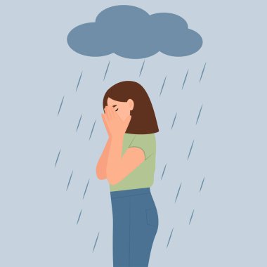 Depressed woman standing in the  rain and cloud.Lonely sad young girl cries covering her face with her hands.  Sorrow and grief. The concept of mental disorder, sadness and depression. Vector illustration