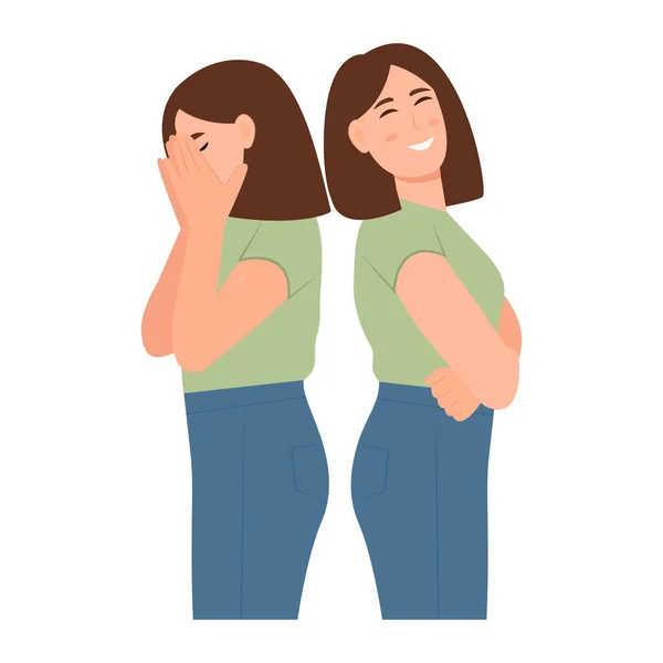 双極性障害の概念 2つの異なる気分ユーフォリアとうつ病を示す女性 精神衛生上の問題 ベクターイラスト — ストックベクタ