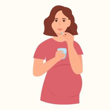 A pregnant woman takes a pill.Girl holding glass of water in hands.Medicine, vitamins, supplements.Healthy nutrition.Flat vector illustration