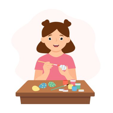 A girl painting Easter eggs. Happy kid preparing for Easter. Flat vector illustration 