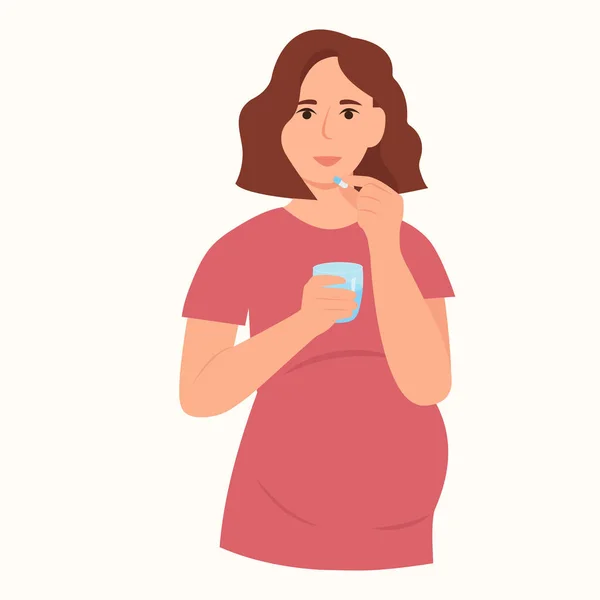 Una Mujer Embarazada Toma Una Pastilla Niña Sosteniendo Vaso Agua — Archivo Imágenes Vectoriales