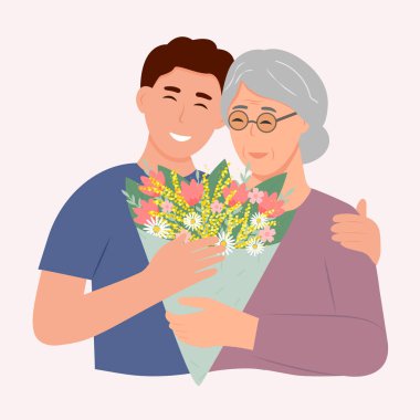 Gülümseyen bir adam yaşlı annesine sevgiyle sarılıyor. Anne ve oğlu. Anneler Günü. Arkadaşça bir aile ilişkisi. Vektör düz resimleme