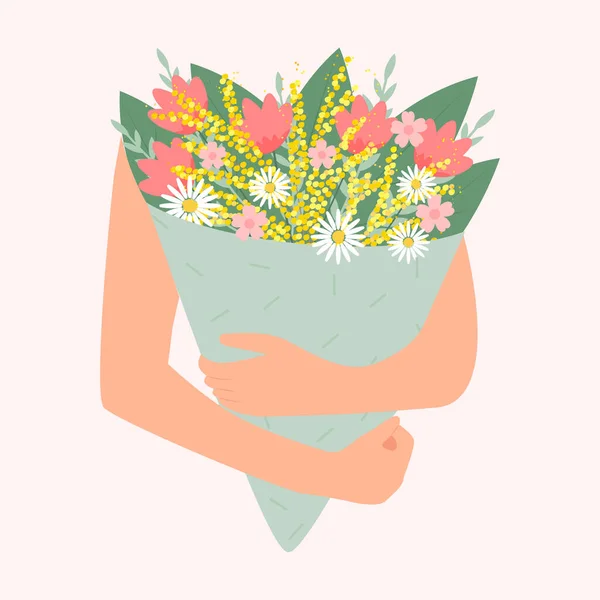 Çiçek Buketi Tutan Eller Çiçek Demetleri Vektör Illüstrasyonu — Stok Vektör