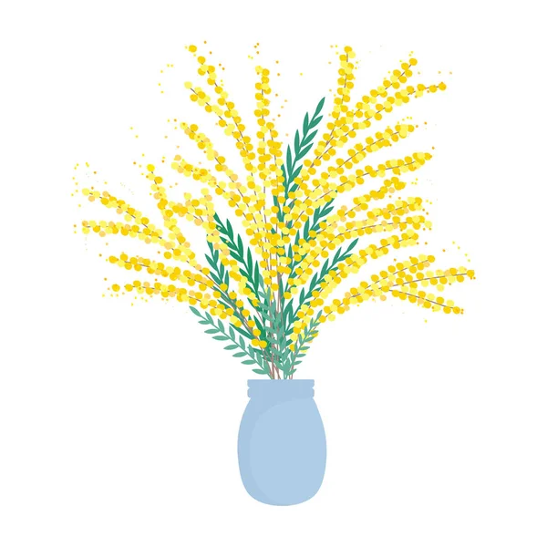 Mimosa Blüht Einer Vase Gelbe Blüten Mit Blättern Frühlingsblumen Florale — Stockvektor