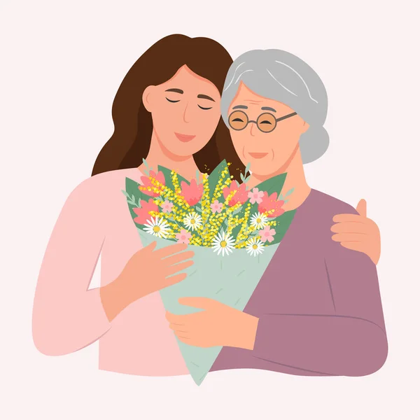 Une Femme Heureuse Embrassant Vieille Mère Avec Amour Mère Fille — Image vectorielle