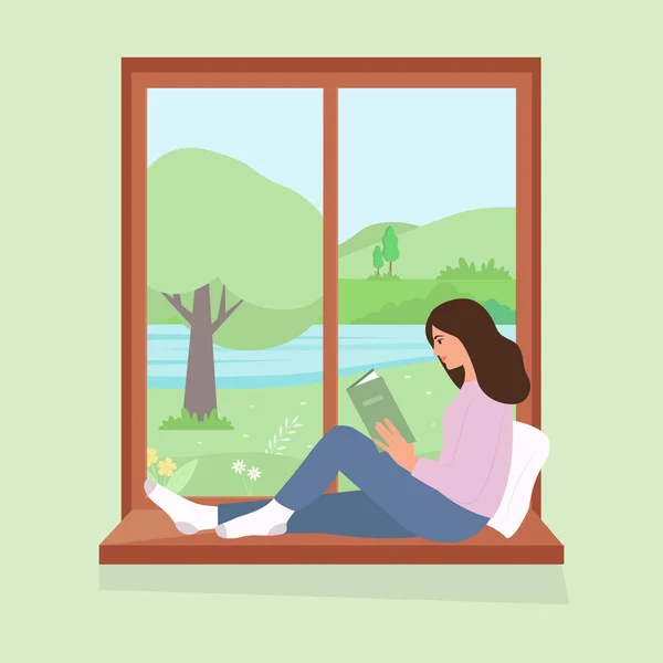 Spring Window View Girl Sitting Windowsill Reading Book Cozy Vector — Stock Vector
