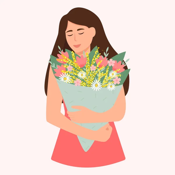 Elinde Çiçek Buketi Tutan Güzel Bir Kadın Bahar Tatili Vektör — Stok Vektör