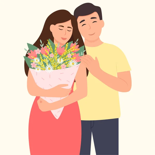 花の花束を持つ女性を抱きしめる男 家族や関係の概念 — ストックベクタ