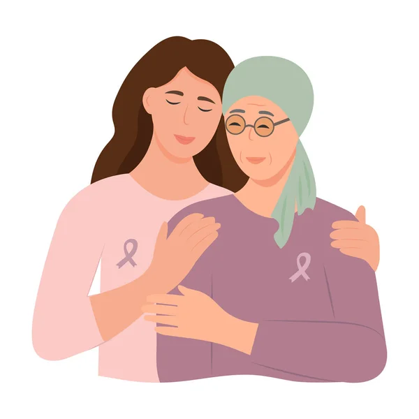 娘は病気の母親を抱きしめる 乳癌の意識腫瘍疾患と戦う女性とのサポートと連帯の月の概念 ベクターイラスト — ストックベクタ