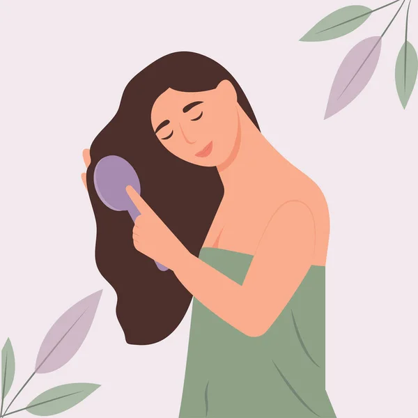 Uzun Saçlı Bir Kadın Saç Fırçasını Elinde Tutan Kadın Saç — Stok Vektör