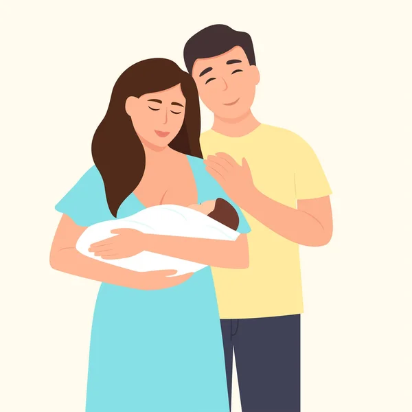 Gelukkige Familie Omhelst Hun Pasgeborene Met Zorg Liefde Ouders Met — Stockvector