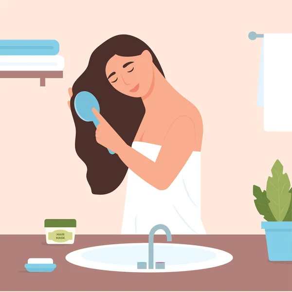 女人在浴室里刷长而健康的头发 手里拿着梳子的女士日常活动 自理活动 头发护理的概念 矢量说明 — 图库矢量图片