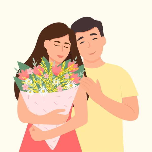 Homme Embrassant Une Femme Avec Bouquet Fleurs Jeune Homme Femme — Image vectorielle