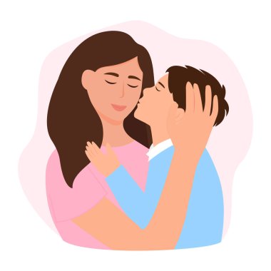 Mutlu anne oğluna sarılıyor. Vektör çizimi. Anneler Günü .